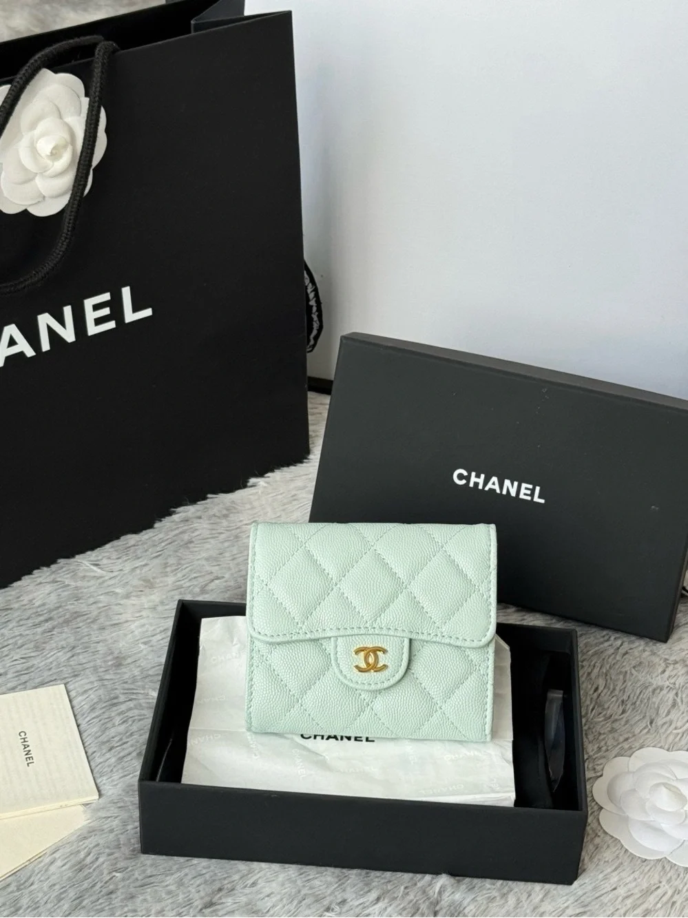 CHANEL Mint Quilted Leather Compact Wallet with Gold CC
